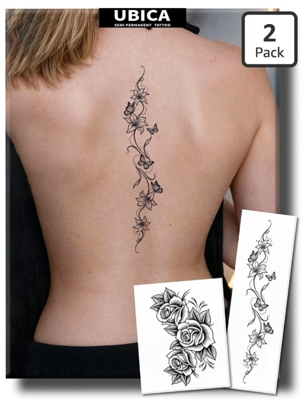 Black Floral Vine Temporary Tattoo - 2 Pack